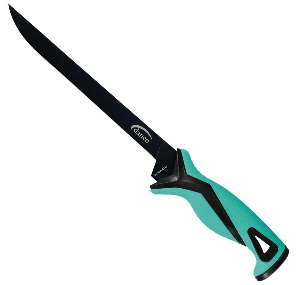 Danco Pro Series 9in Skinny Fillet Knife, 14.5in Overall, 9in Black Teflon Coated 1.4116 Stainless Fillet Blade, Black/Teal Rubberized Synthetic Handl