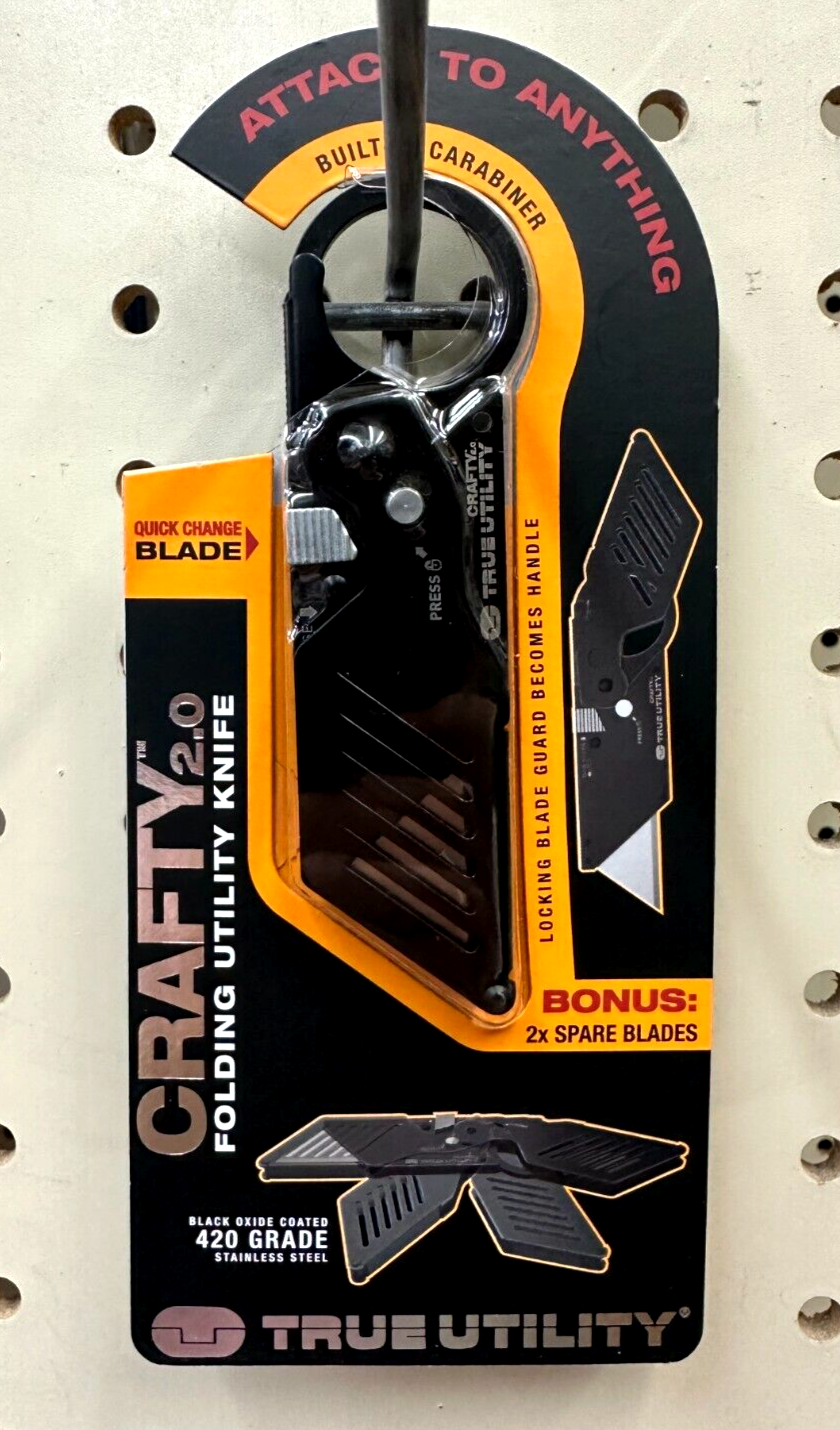 TRUE Crafty 2.0 Utility Knife | Pocket Knife, Carabiner Clip, EDC, Minimalist Design, 420-Grade Stainless Steel, Black Oxide, Straight Edge Blade