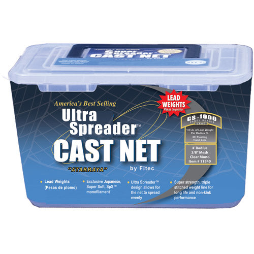 Fitec GS1000 Ultra Spreader Cast Net, 3/8" Mesh,Clear, Lead, 1 Lb Wt
