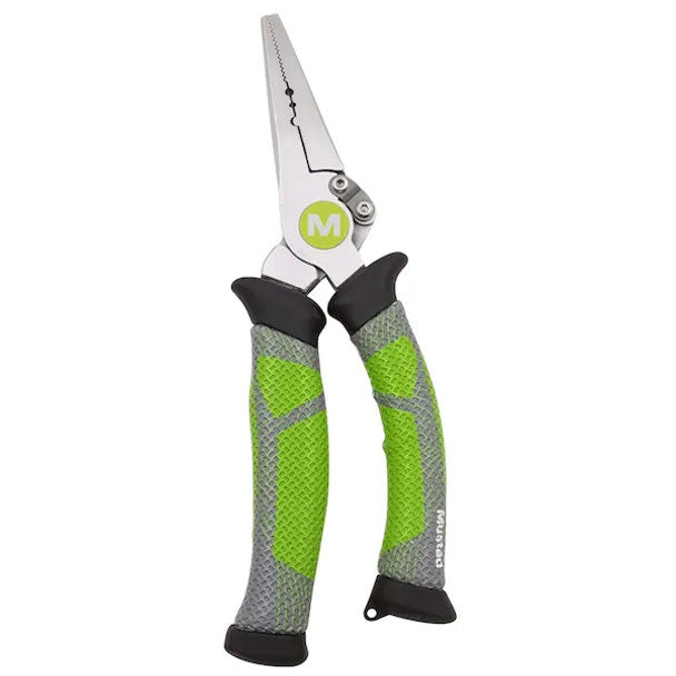Mustad Hero 7 Inch Fishing Pliers  Spring Loaded  Ergonomic Handle  Textured Grip  W/Sheath  Green