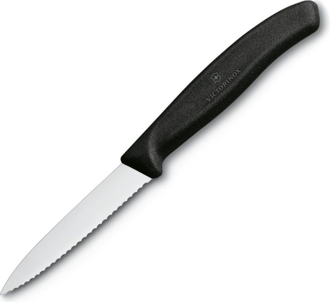 Victorinox 8cm Serrated Paring Knife with Pointed Tip Black
