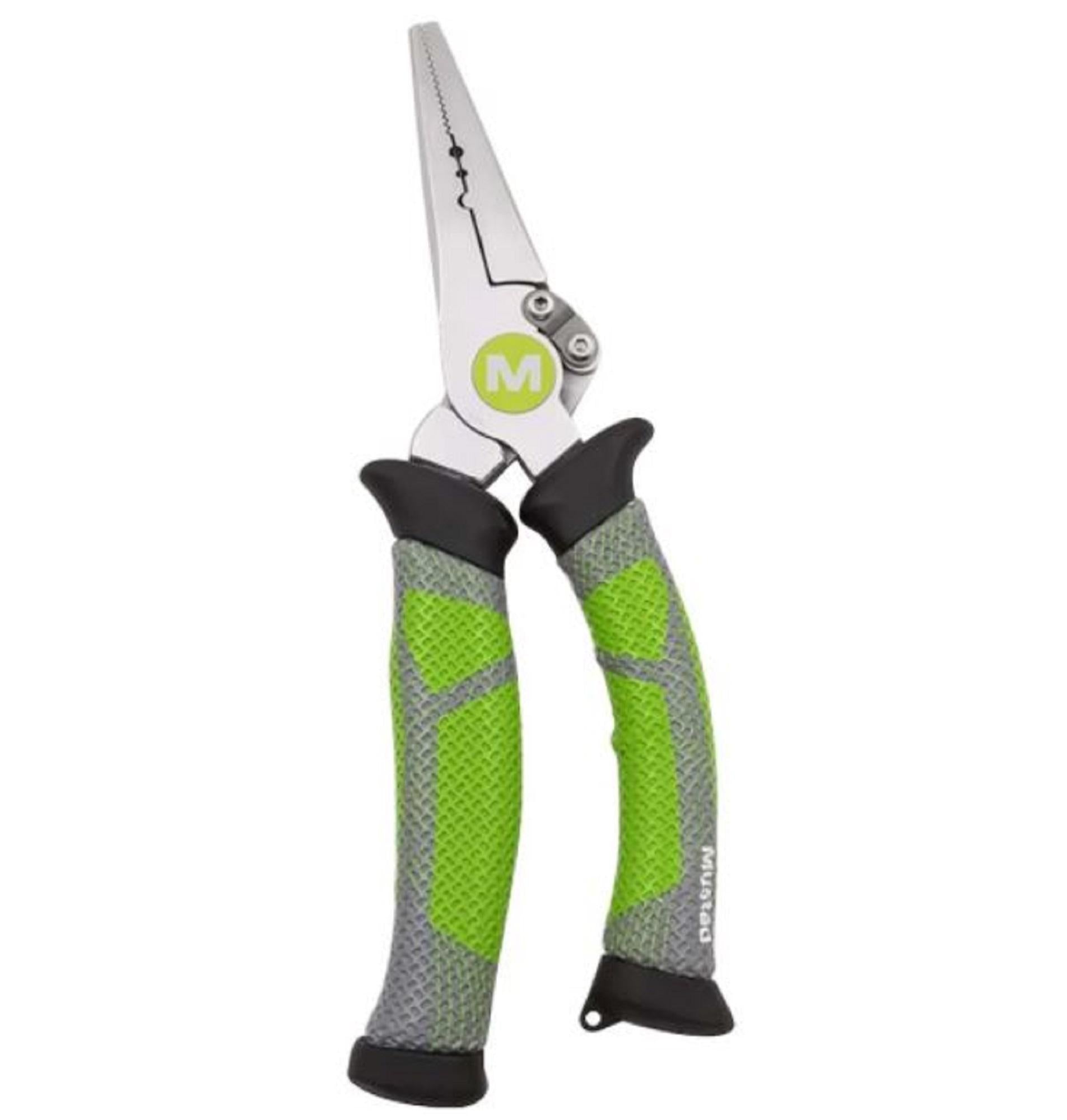 Mustad Hero 7 Inch Fishing Pliers  Spring Loaded  Ergonomic Handle  Textured Grip  W/Sheath  Green